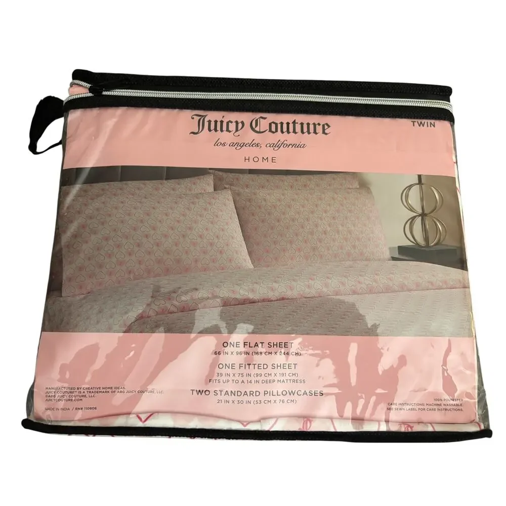 Juicy Couture Twin Sheet Set Hearts Pink 4 Pc Flat Fitted Pillowcases New